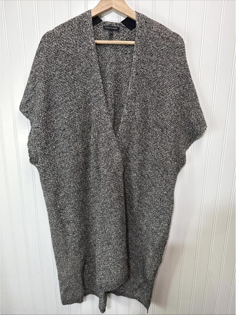 Eileen Fisher Black Beige Heavier Linen Cap Sleeve Long Wedge Cardigan L Maxi